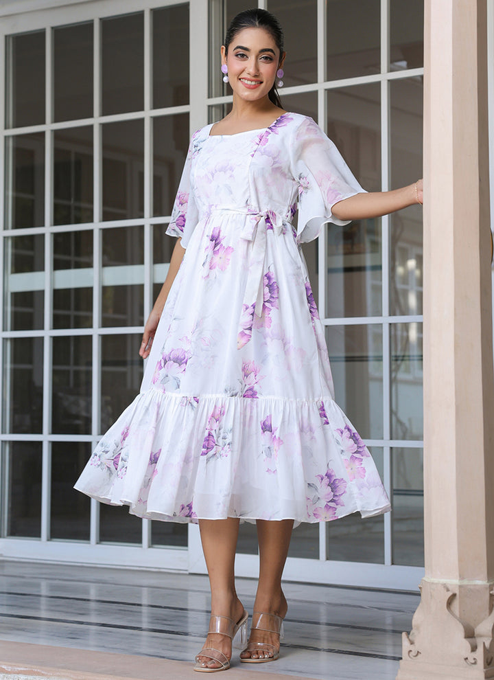 White Georgette Floral Printed Flare Outwear Midi Dress