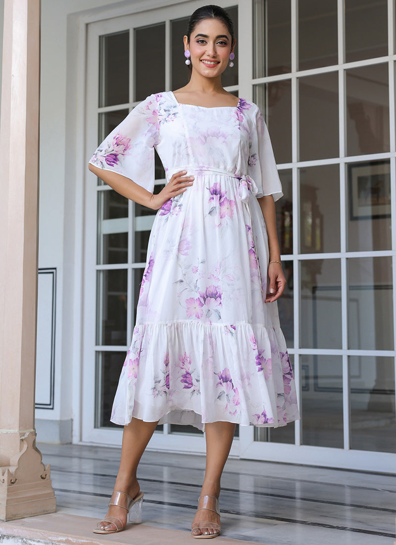 White Georgette Floral Printed Flare Outwear Midi Dress