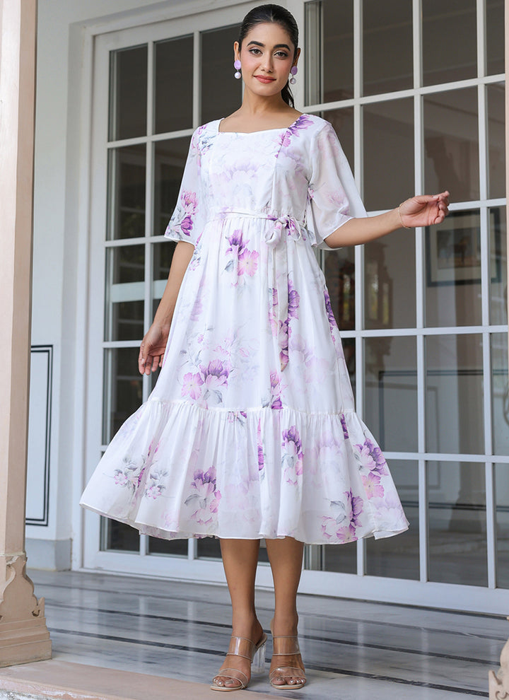 White Georgette Floral Printed Flare Outwear Midi Dress