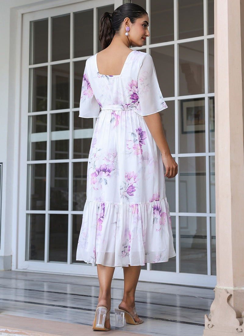 White Georgette Floral Printed Flare Outwear Midi Dress
