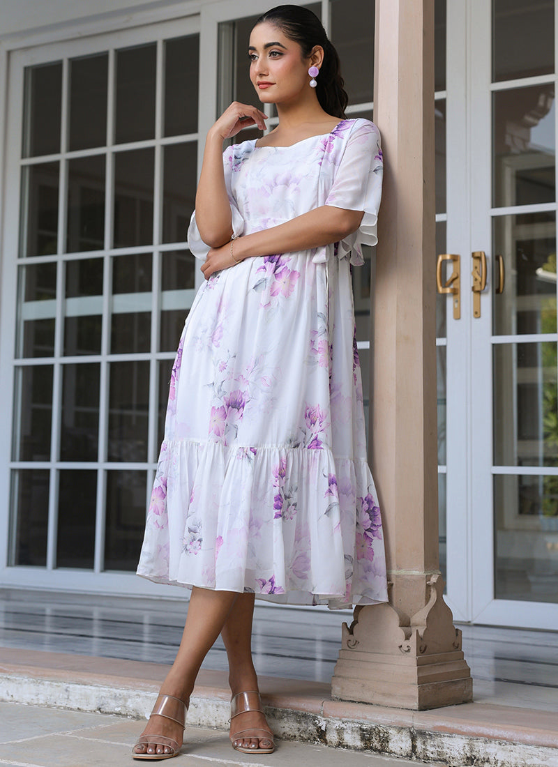 White Georgette Floral Printed Flare Outwear Midi Dress