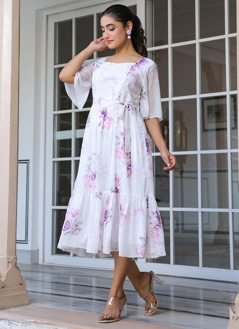 White Georgette Floral Printed Flare Outwear Midi Dress