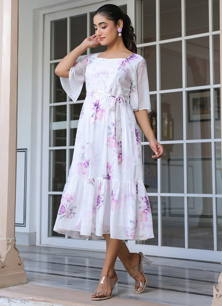 White Georgette Floral Printed Flare Outwear Midi Dress