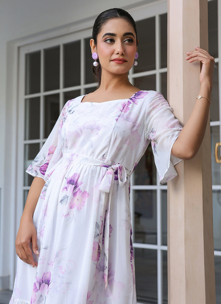 White Georgette Floral Printed Flare Outwear Midi Dress