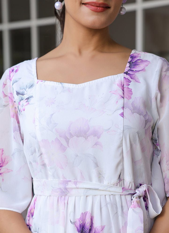 White Georgette Floral Printed Flare Outwear Midi Dress