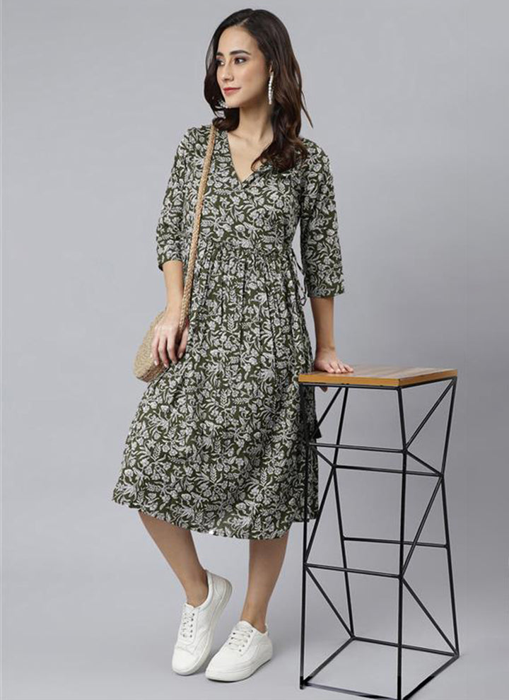 Olive Green Pure Cotton Floral Printed Midi Dress