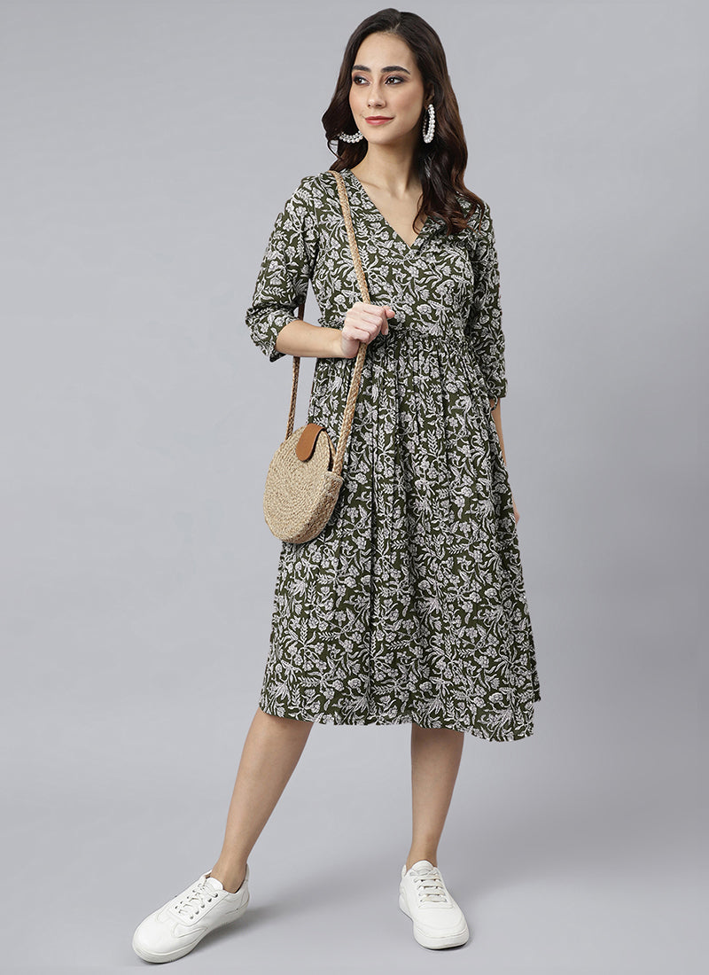 Olive Green Pure Cotton Floral Printed Midi Dress