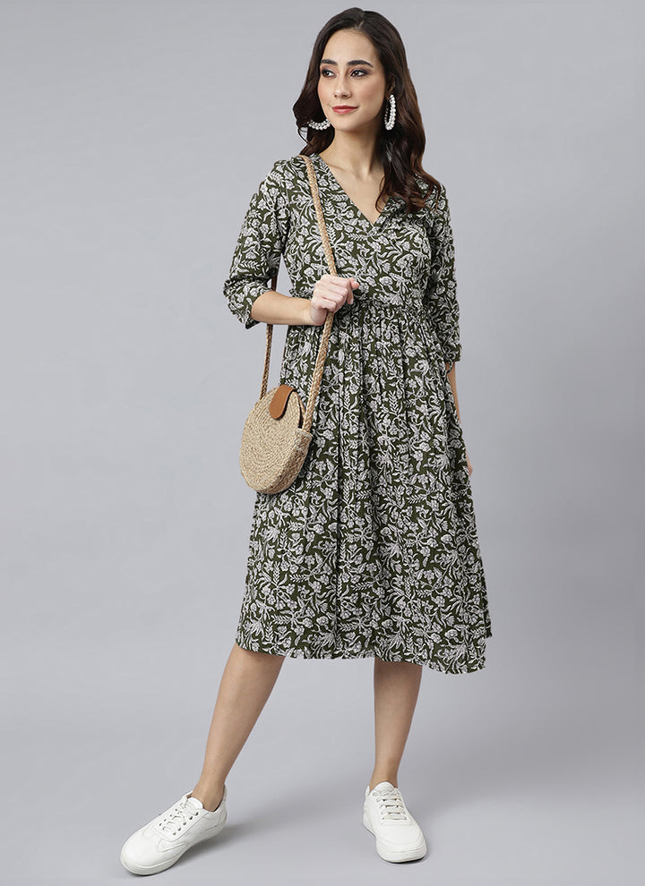 Olive Green Pure Cotton Floral Printed Midi Dress