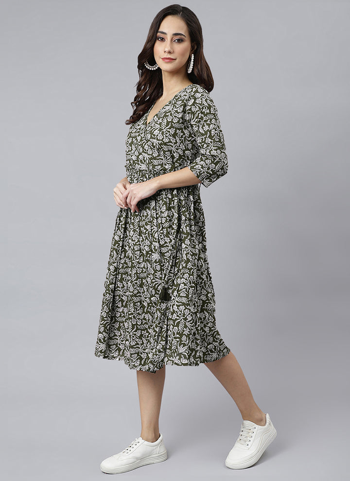 Olive Green Pure Cotton Floral Printed Midi Dress
