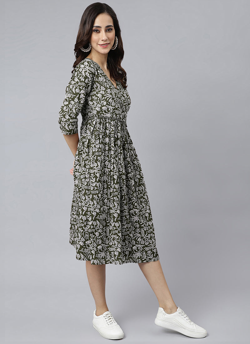 Olive Green Pure Cotton Floral Printed Midi Dress
