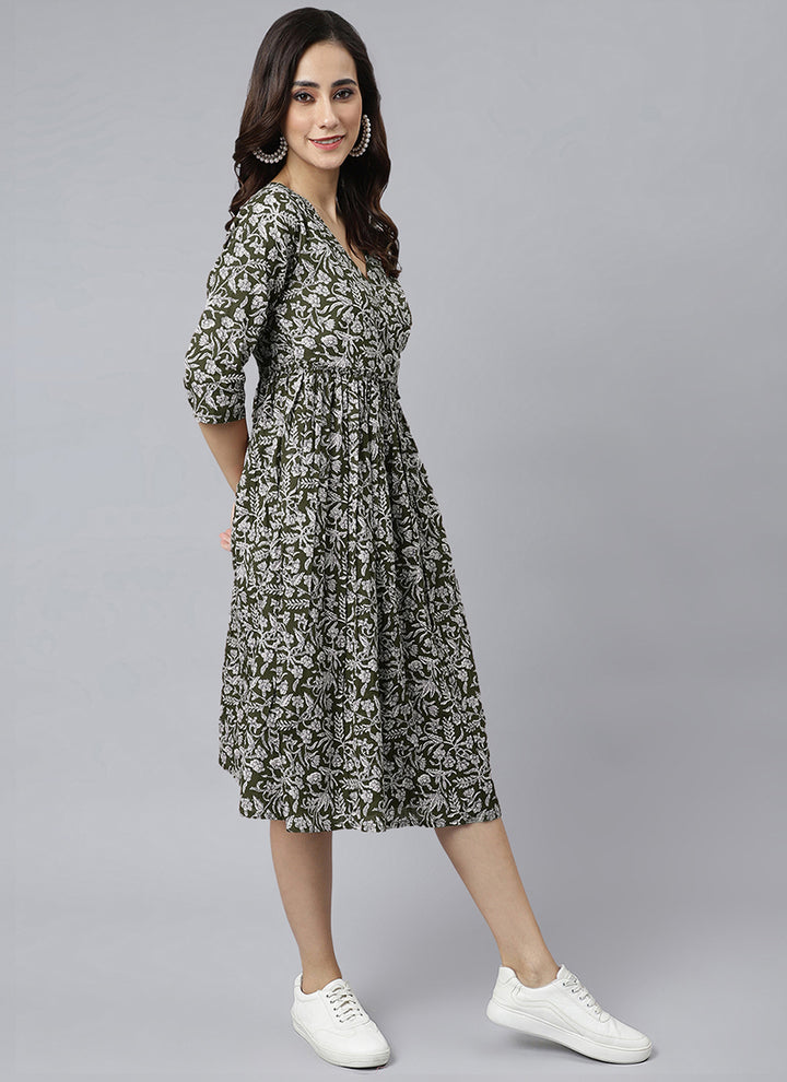 Olive Green Pure Cotton Floral Printed Midi Dress