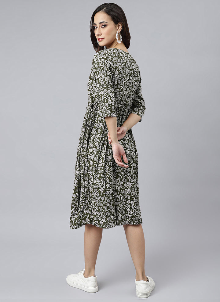 Olive Green Pure Cotton Floral Printed Midi Dress