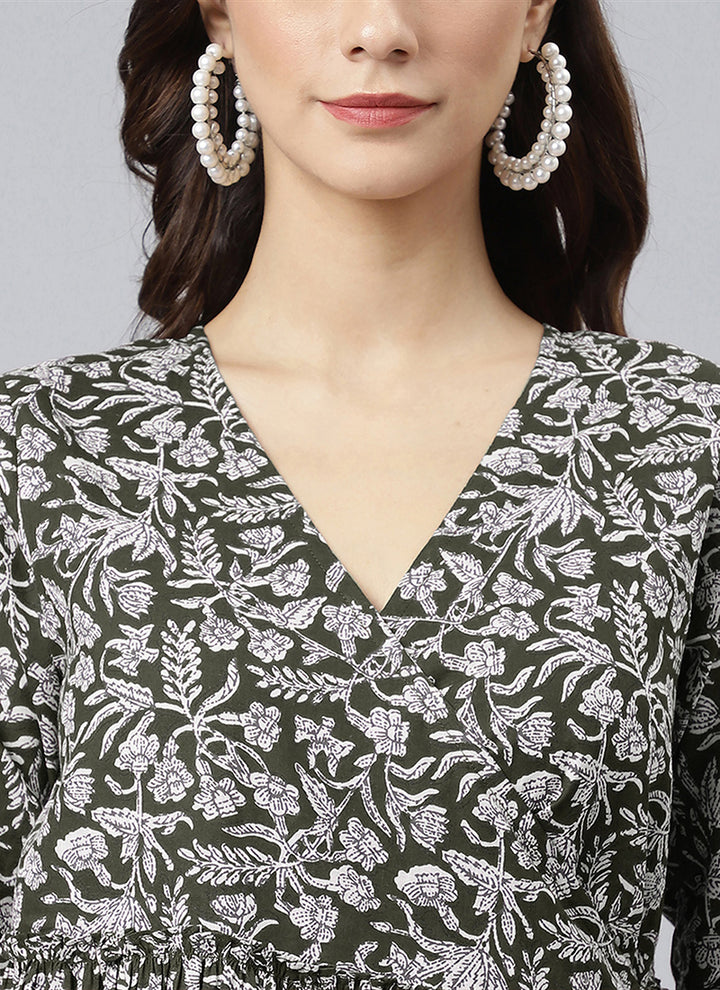 Olive Green Pure Cotton Floral Printed Midi Dress