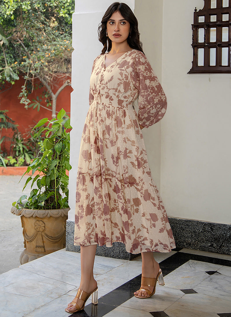 Beige Georgette Floral Printed Outwear Midi Dress