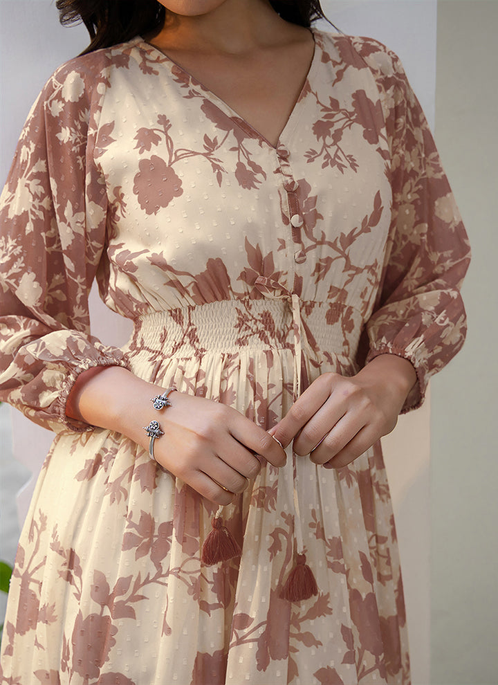Beige Georgette Floral Printed Outwear Midi Dress
