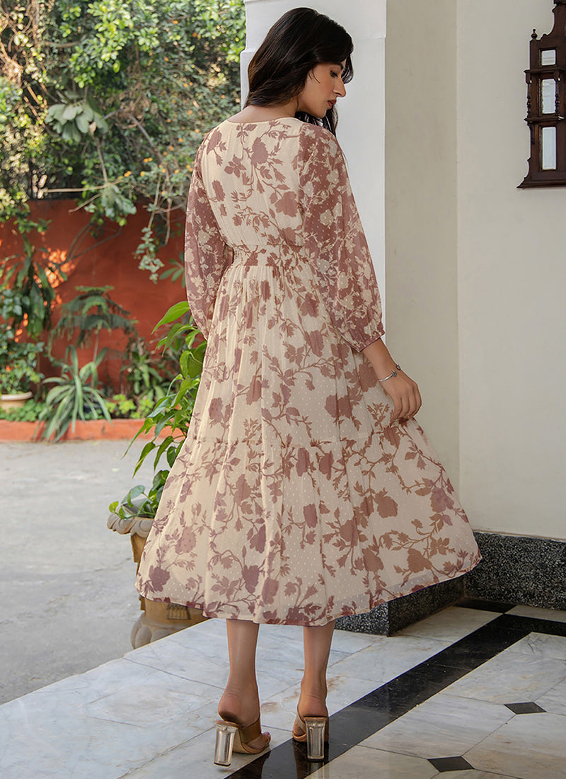 Beige Georgette Floral Printed Outwear Midi Dress