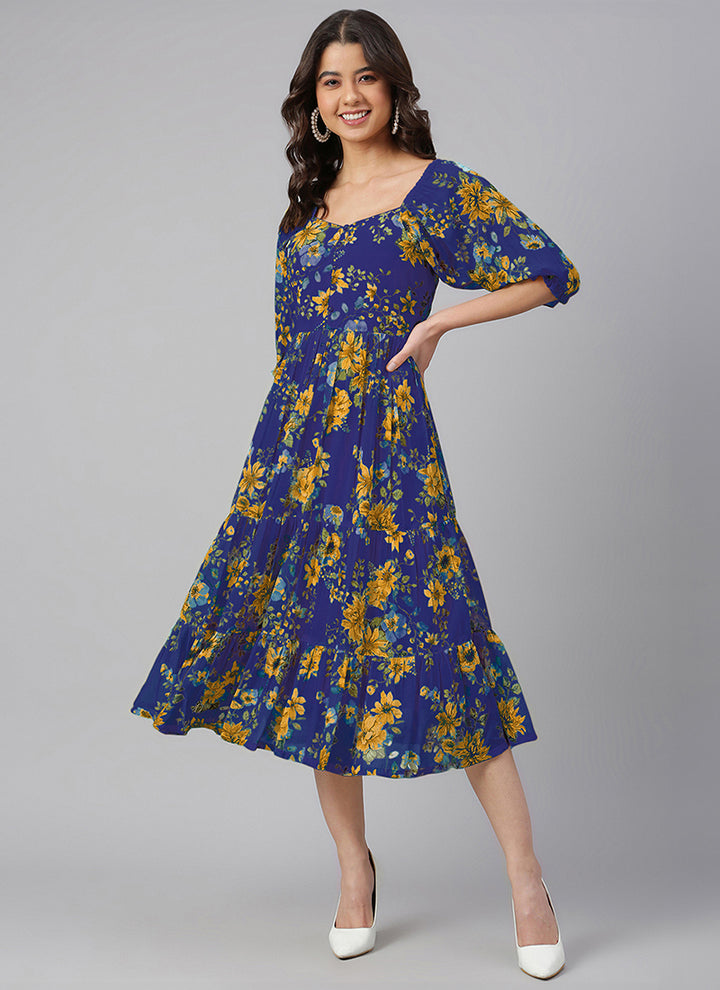 Blue Georgette Flower Printed Flair Midi Dress