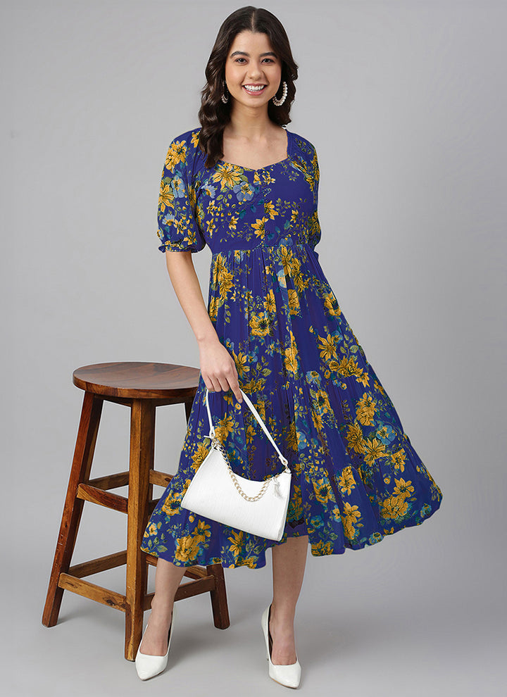 Blue Georgette Flower Printed Flair Midi Dress