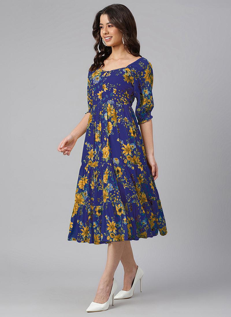 Blue Georgette Flower Printed Flair Midi Dress