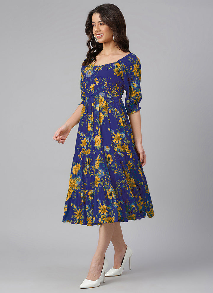 Blue Georgette Flower Printed Flair Midi Dress