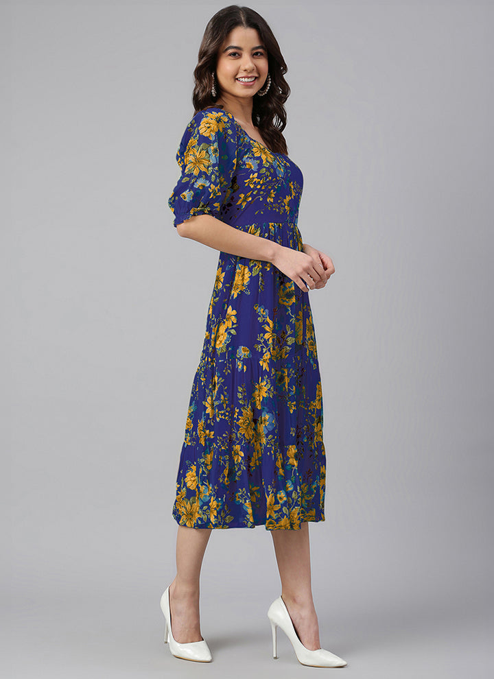 Blue Georgette Flower Printed Flair Midi Dress