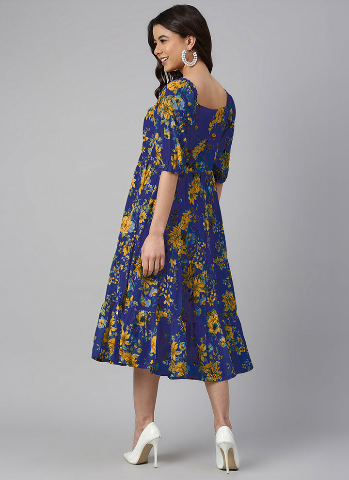 Blue Georgette Flower Printed Flair Midi Dress