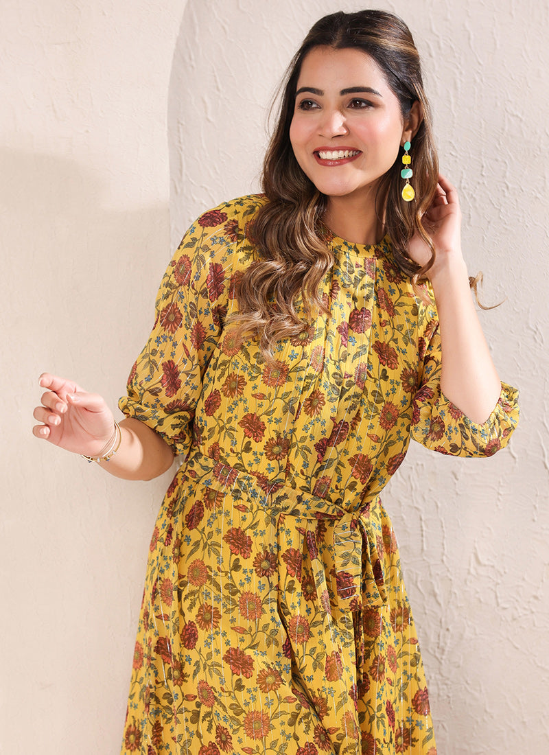 Mustard Georgette Flower Printed A-Line Midi Dress