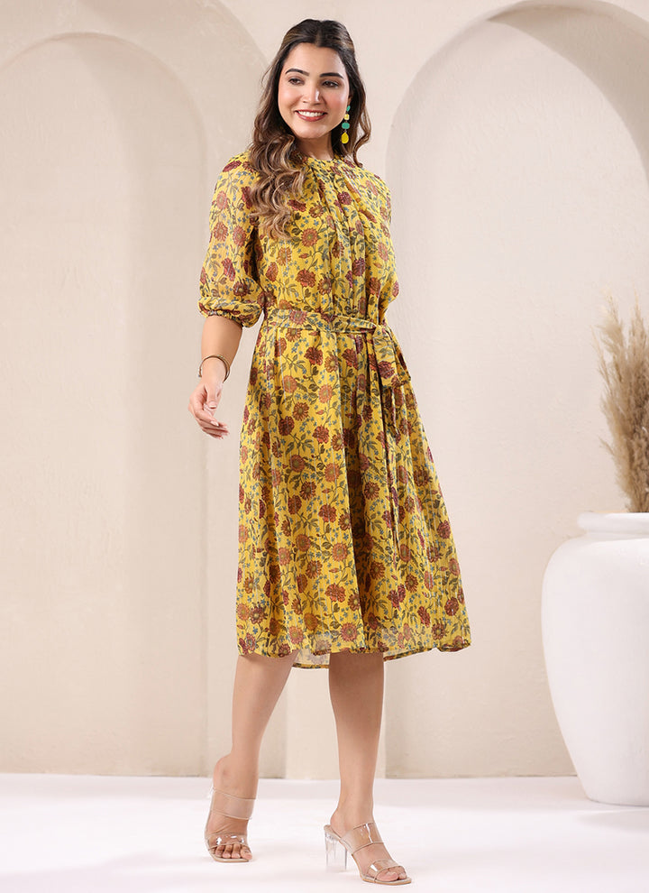 Mustard Georgette Flower Printed A-Line Midi Dress