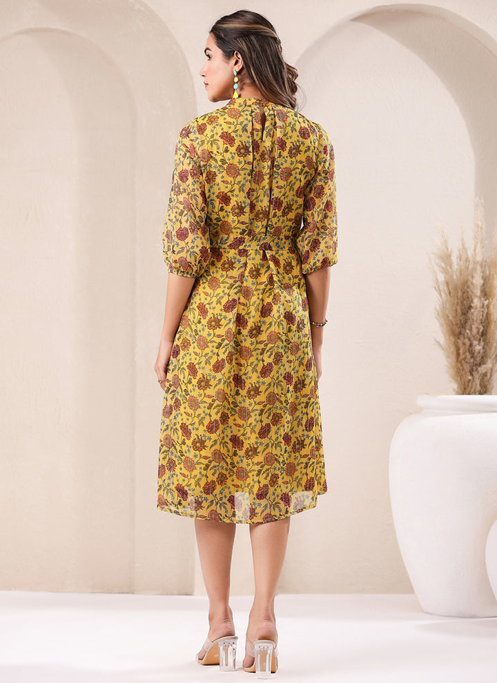 Mustard Georgette Flower Printed A-Line Midi Dress