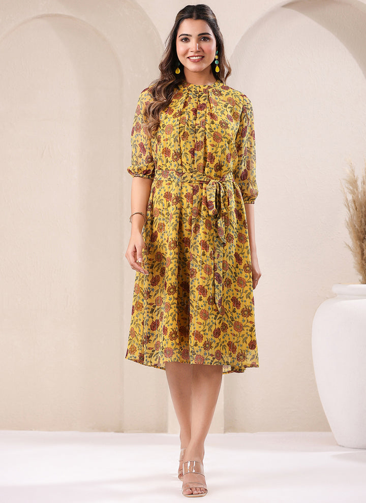 Mustard Georgette Flower Printed A-Line Midi Dress