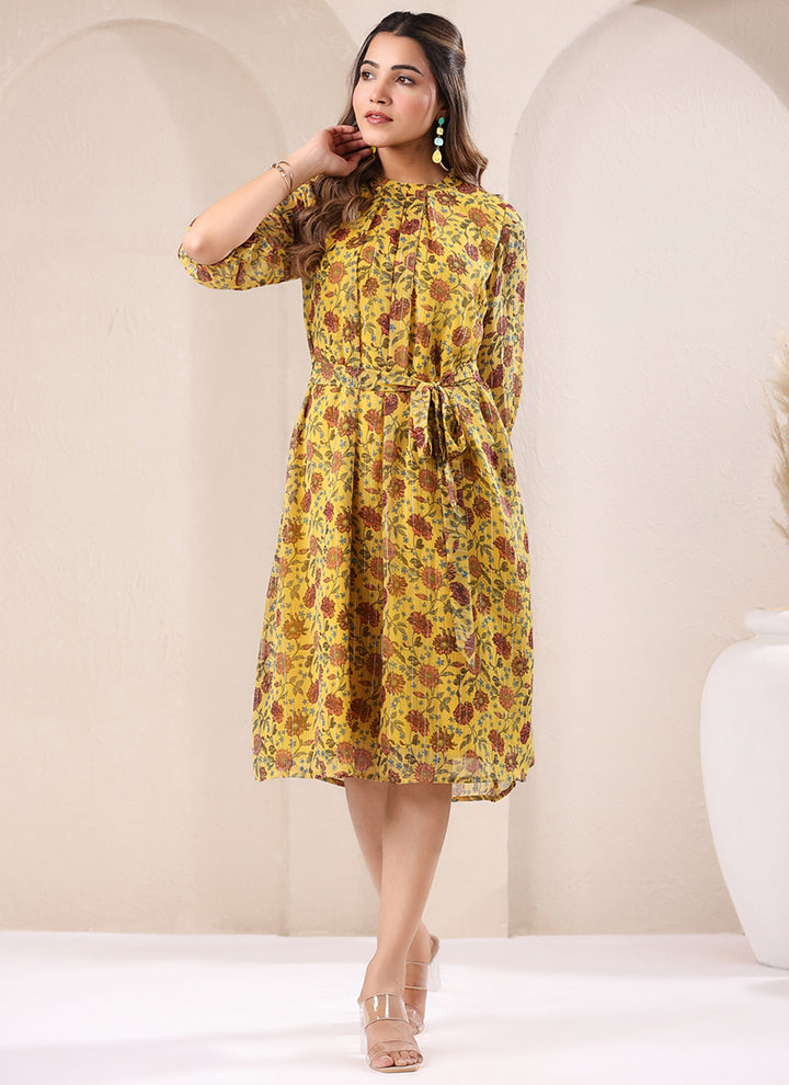 Mustard Georgette Flower Printed A-Line Midi Dress