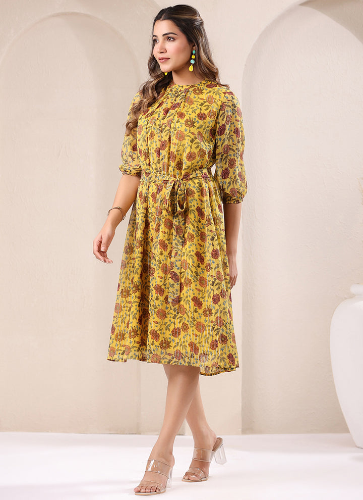Mustard Georgette Flower Printed A-Line Midi Dress