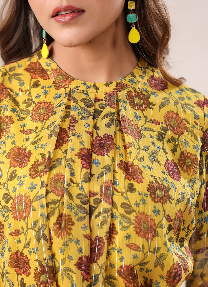 Mustard Georgette Flower Printed A-Line Midi Dress