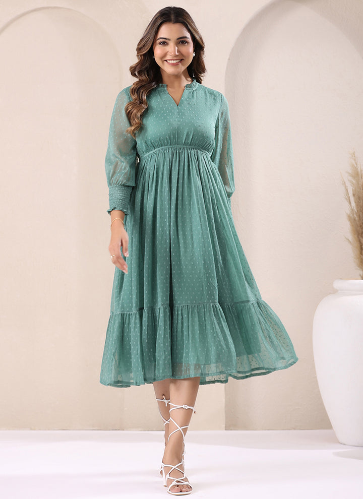Sea Green Dobby Chiffon Self Design Midi Dress