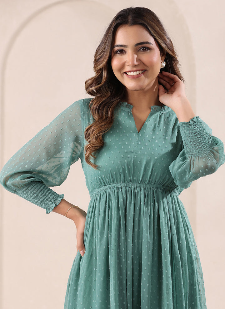 Sea Green Dobby Chiffon Self Design Midi Dress