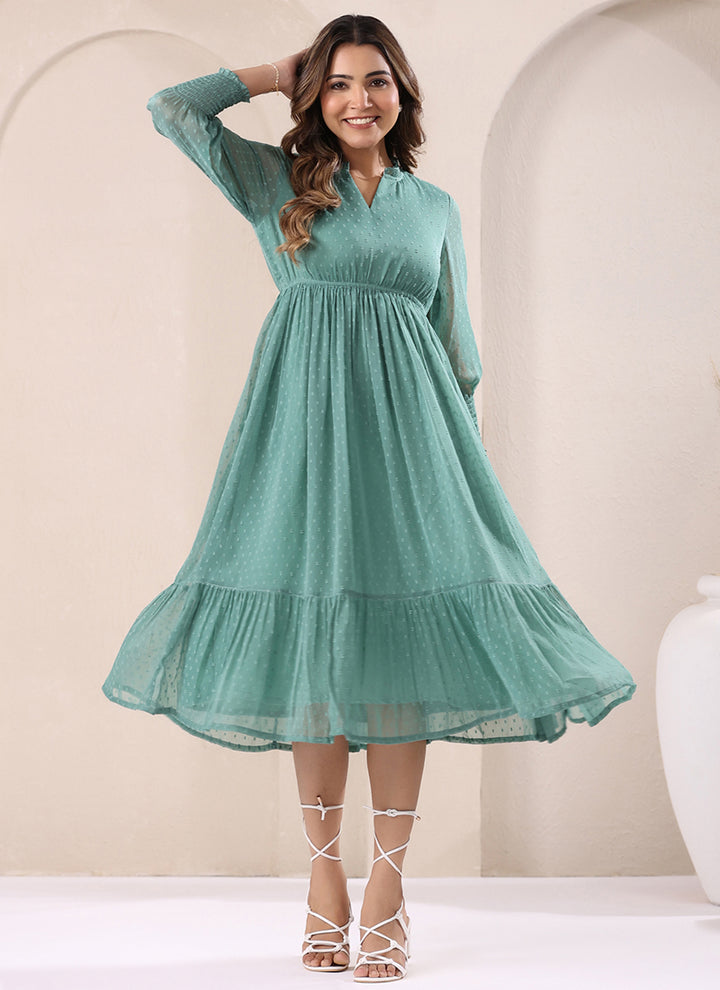 Sea Green Dobby Chiffon Self Design Midi Dress