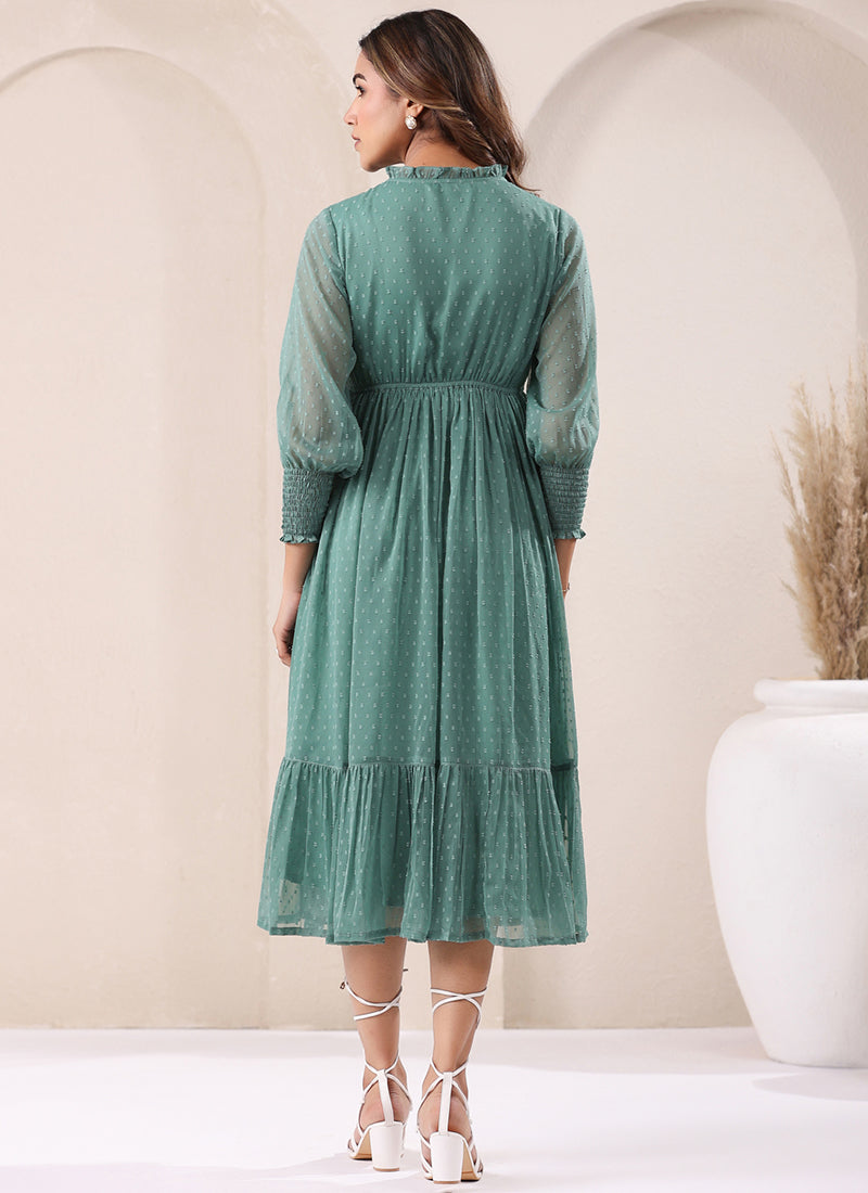 Sea Green Dobby Chiffon Self Design Midi Dress