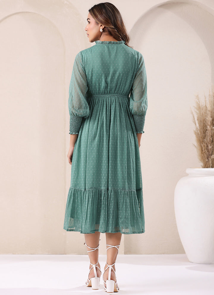 Sea Green Dobby Chiffon Self Design Midi Dress