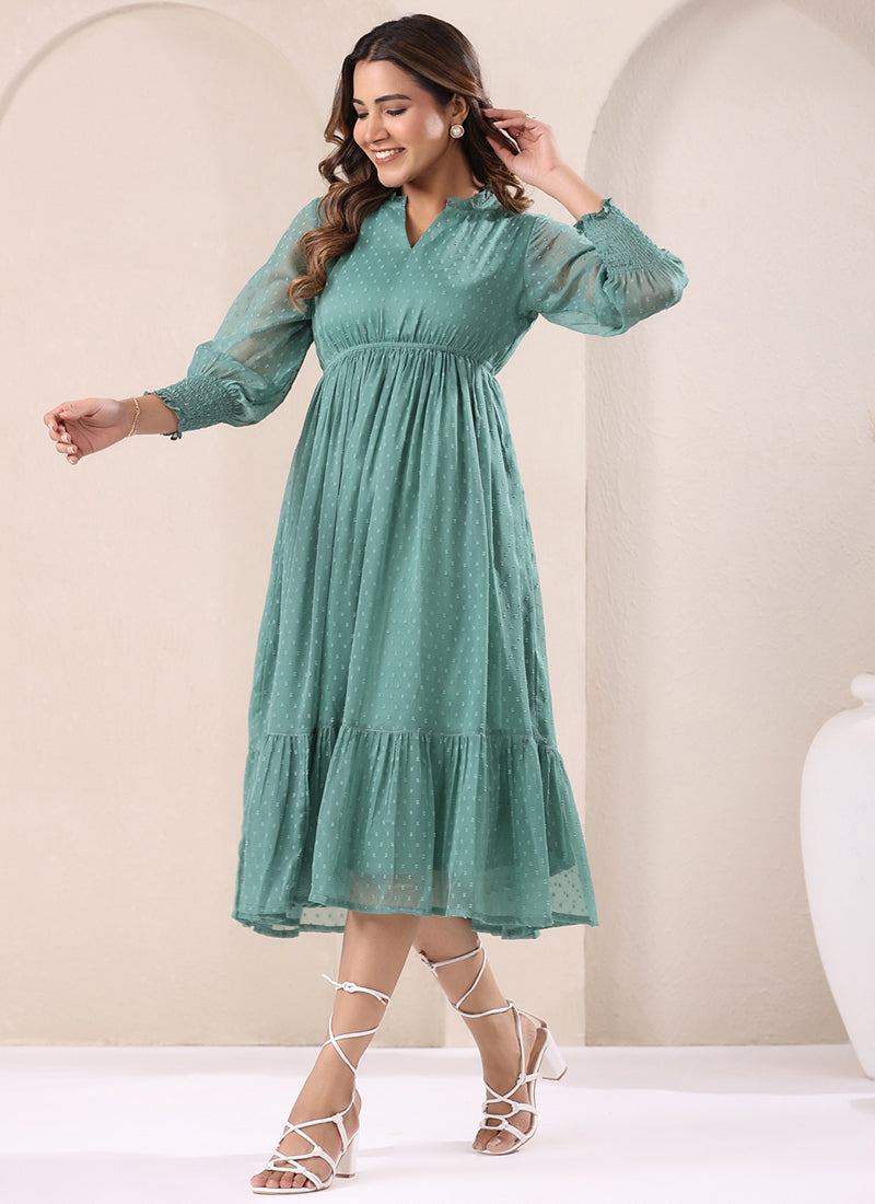 Sea Green Dobby Chiffon Self Design Midi Dress