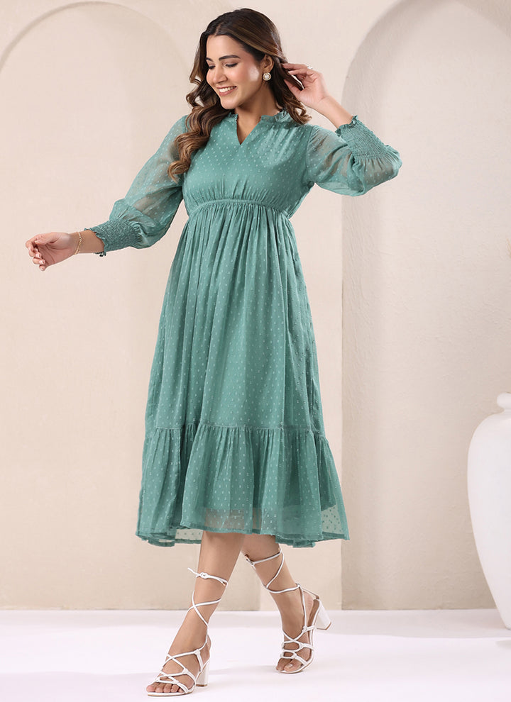 Sea Green Dobby Chiffon Self Design Midi Dress