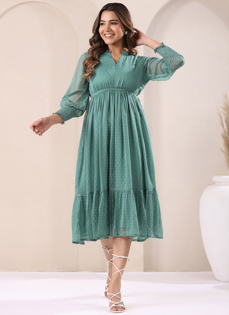 Sea Green Dobby Chiffon Self Design Midi Dress