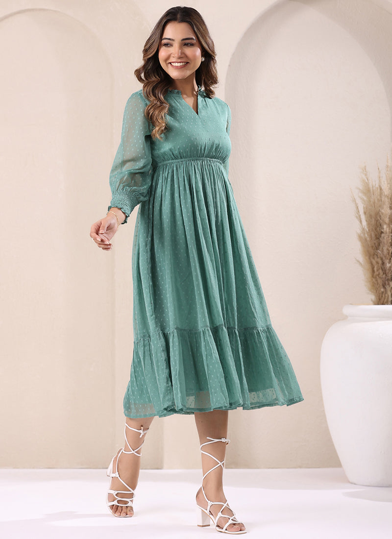 Sea Green Dobby Chiffon Self Design Midi Dress