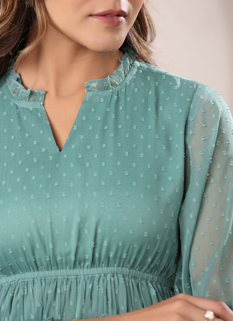 Sea Green Dobby Chiffon Self Design Midi Dress