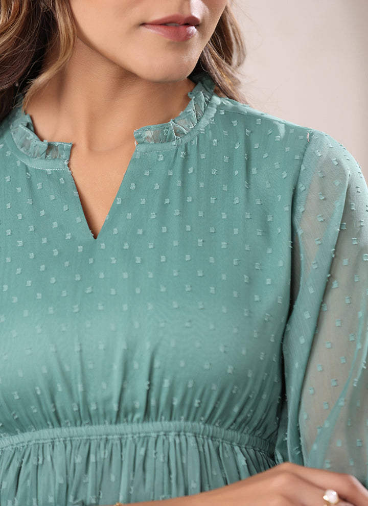 Sea Green Dobby Chiffon Self Design Midi Dress