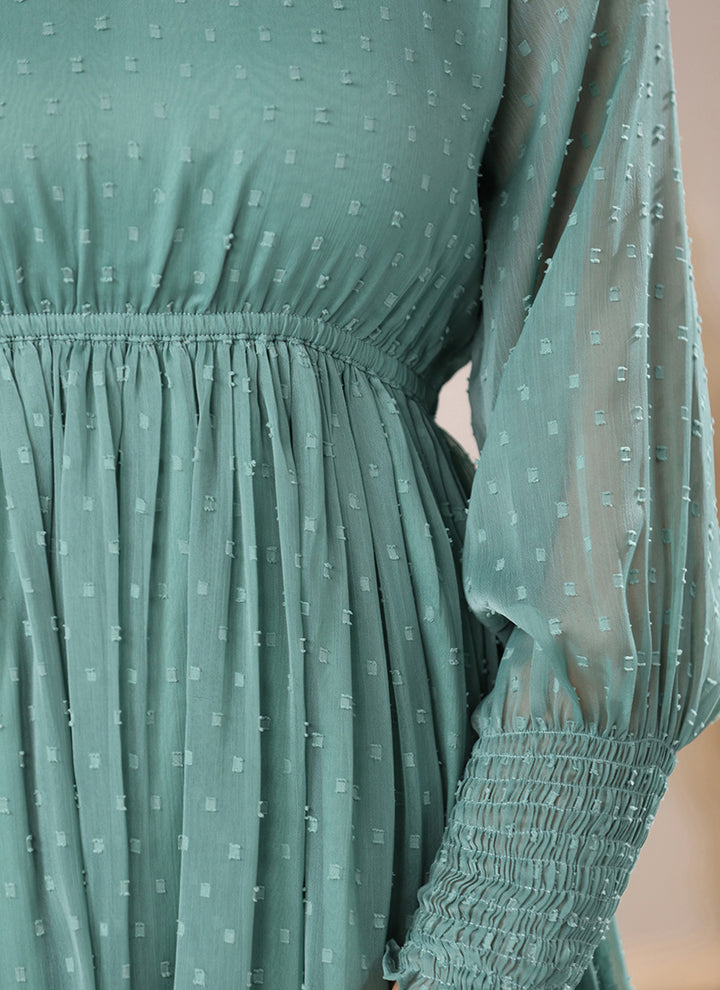 Sea Green Dobby Chiffon Self Design Midi Dress