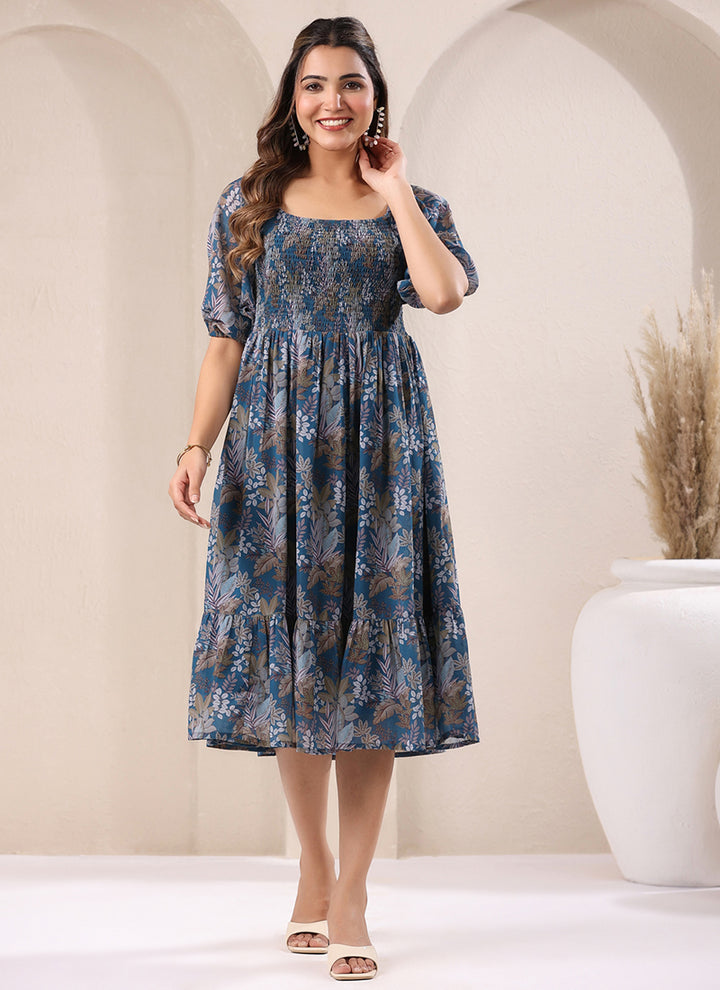 Teal Blue Georgette Floral Printed Outwear Midi Dress