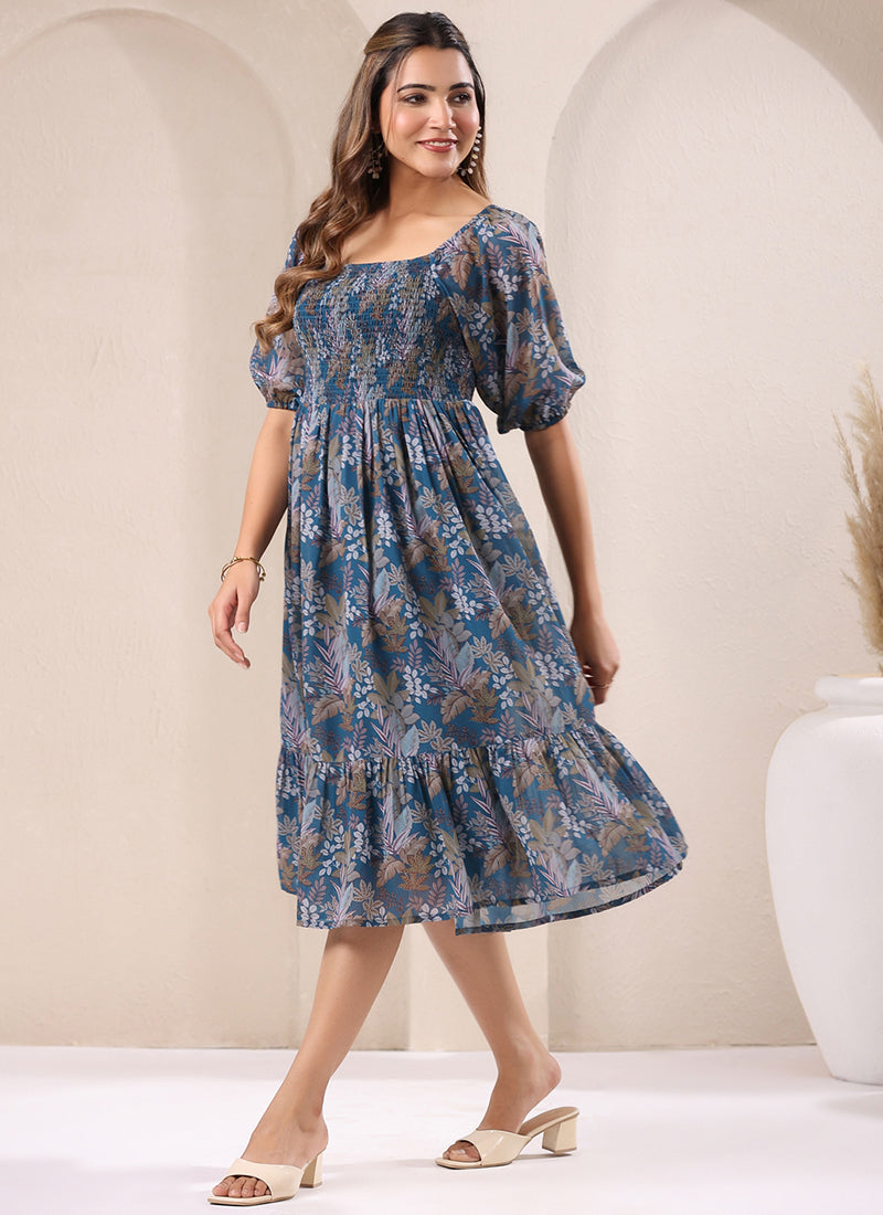 Teal Blue Georgette Floral Printed Outwear Midi Dress