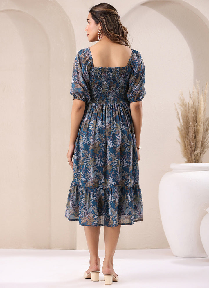 Teal Blue Georgette Floral Printed Outwear Midi Dress