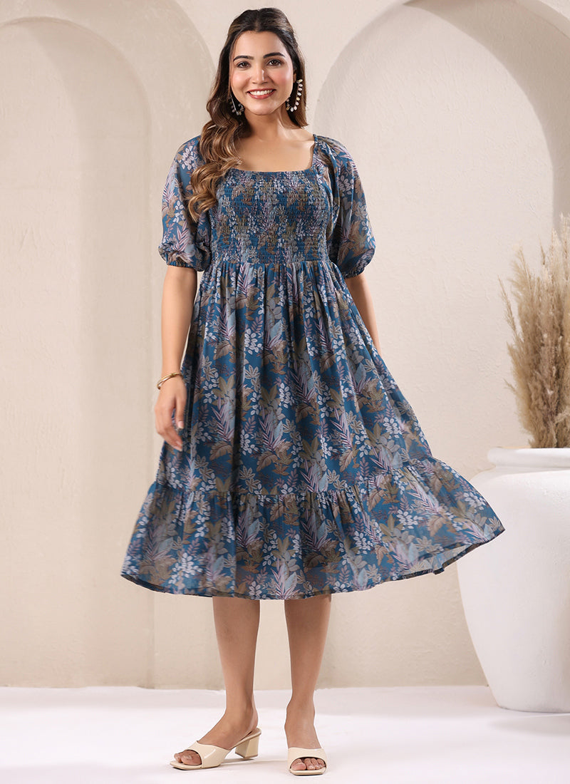 Teal Blue Georgette Floral Printed Outwear Midi Dress