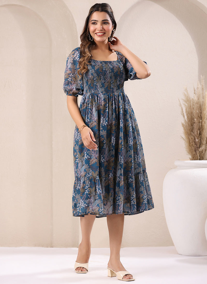 Teal Blue Georgette Floral Printed Outwear Midi Dress